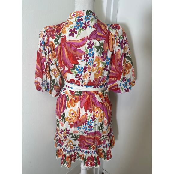 Farm Rio Pink and Orange Puff Sleee Button Up Belted Mini Dress Sz S - Picture 4 of 5